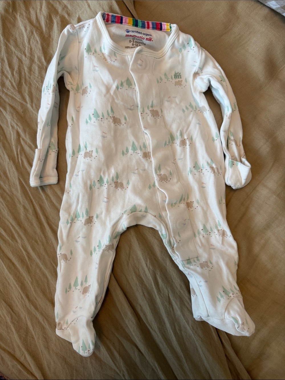 Magnetic Me White Footed One-Piece with Mint Forest & Brown Bear Print